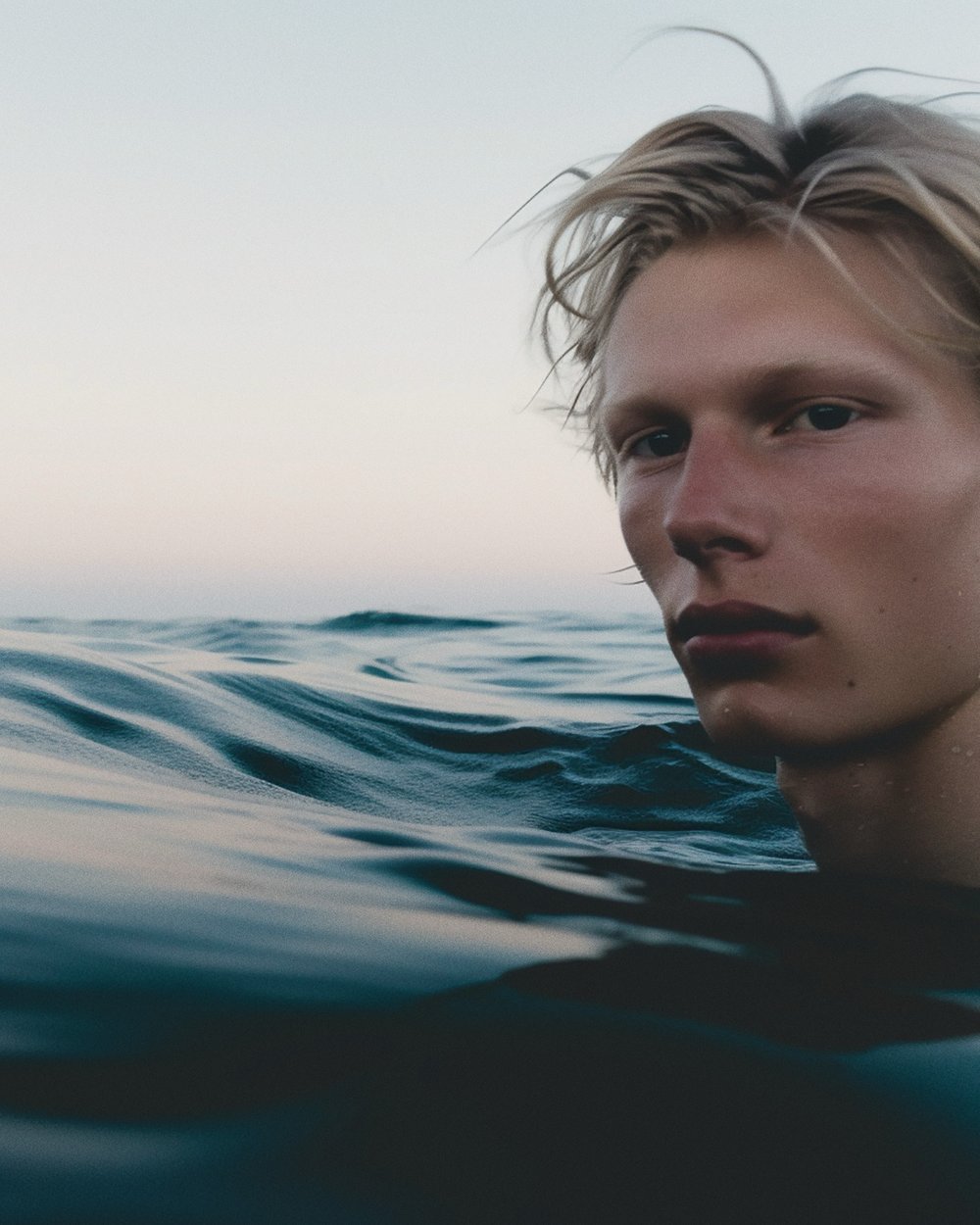 Person with blonde hair partially submerged in water with a blurred background